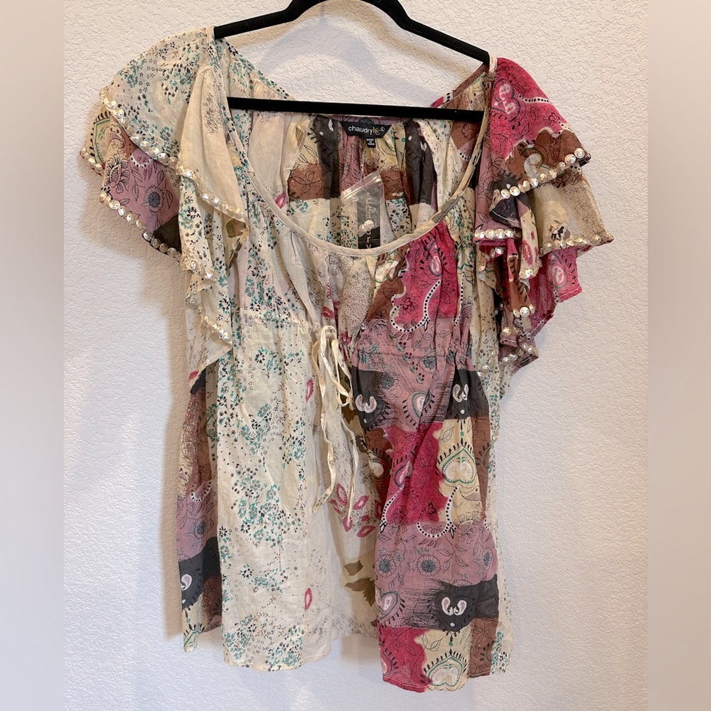 CHAUDRY KC Anthropologie Cream Ruffled patchwork print Short Sleeve Blouse